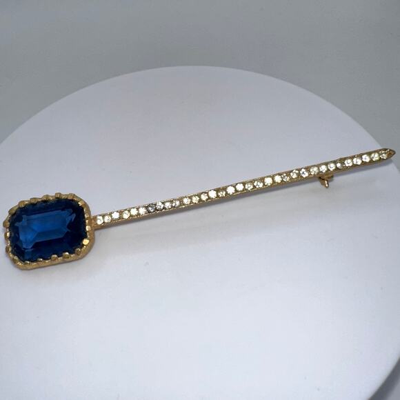 1950s vintage gold tone blue Uranium glass clear rhinestones scepter brooch pin - Picture 2 of 9